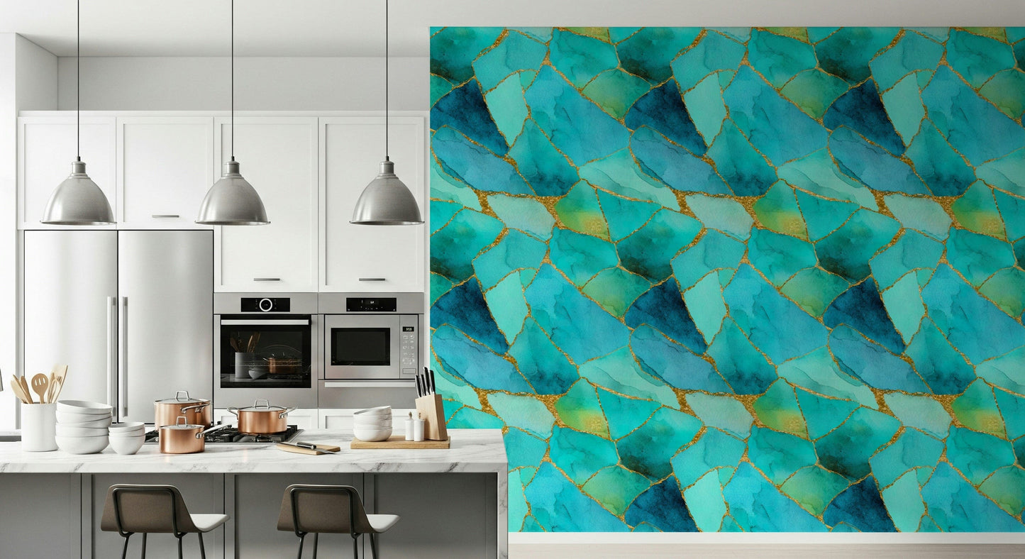 Modern mosaic wallpaper showcasing aqua and gold marble textures