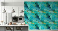 Modern mosaic wallpaper showcasing aqua and gold marble textures