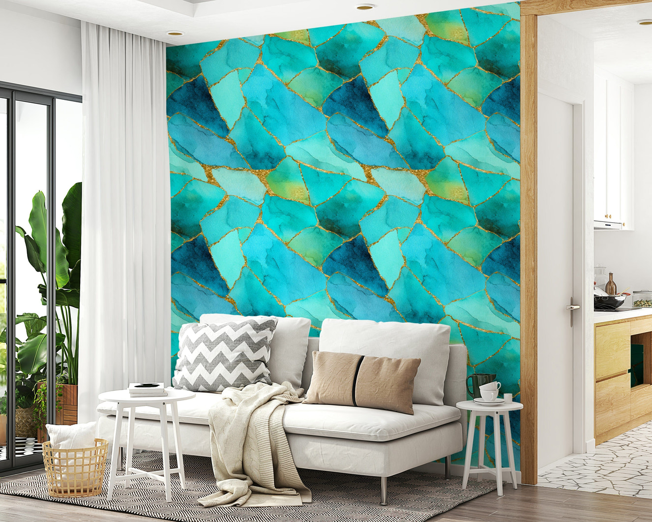 Elegant wallpaper featuring aqua and gold marble in a mosaic pattern