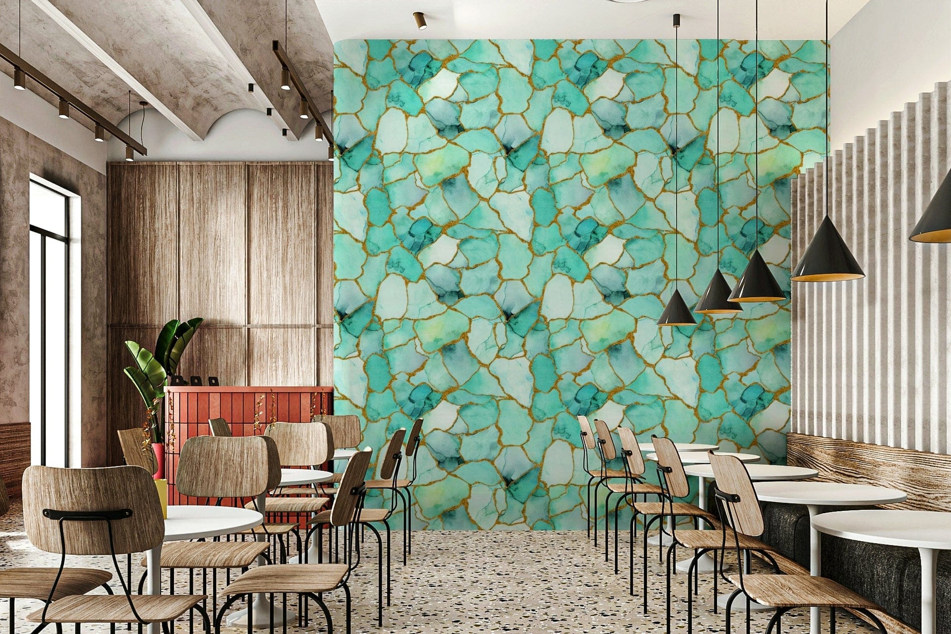 Abstract marble wallpaper of aqua patterns intertwined with gold