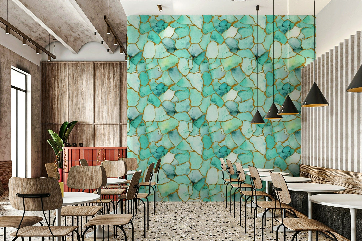 Abstract marble wallpaper of aqua patterns intertwined with gold