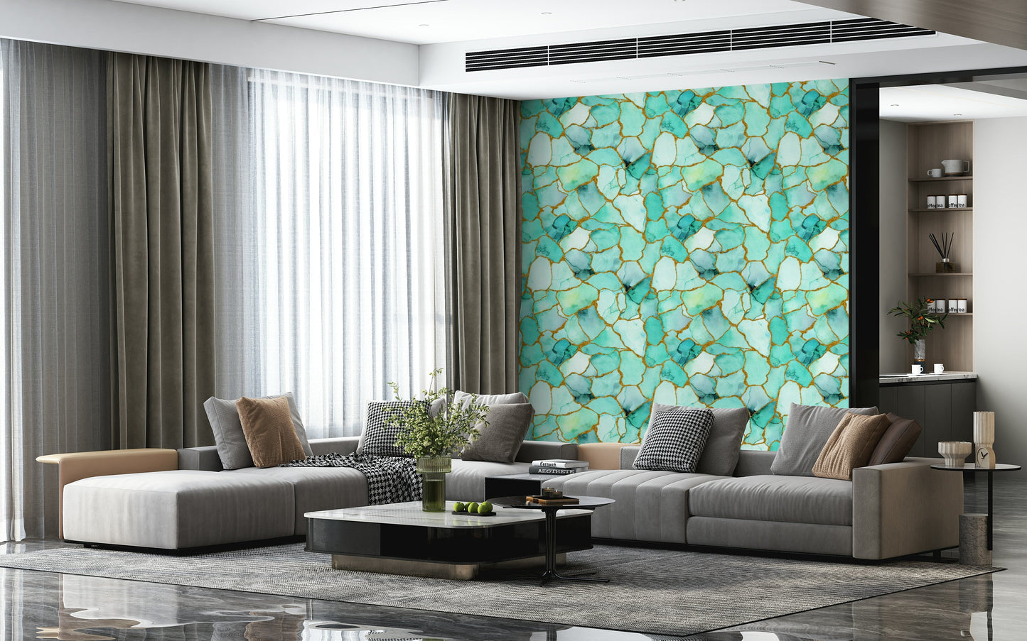 Sophisticated wall covering inspired by aqua marble with gold veining