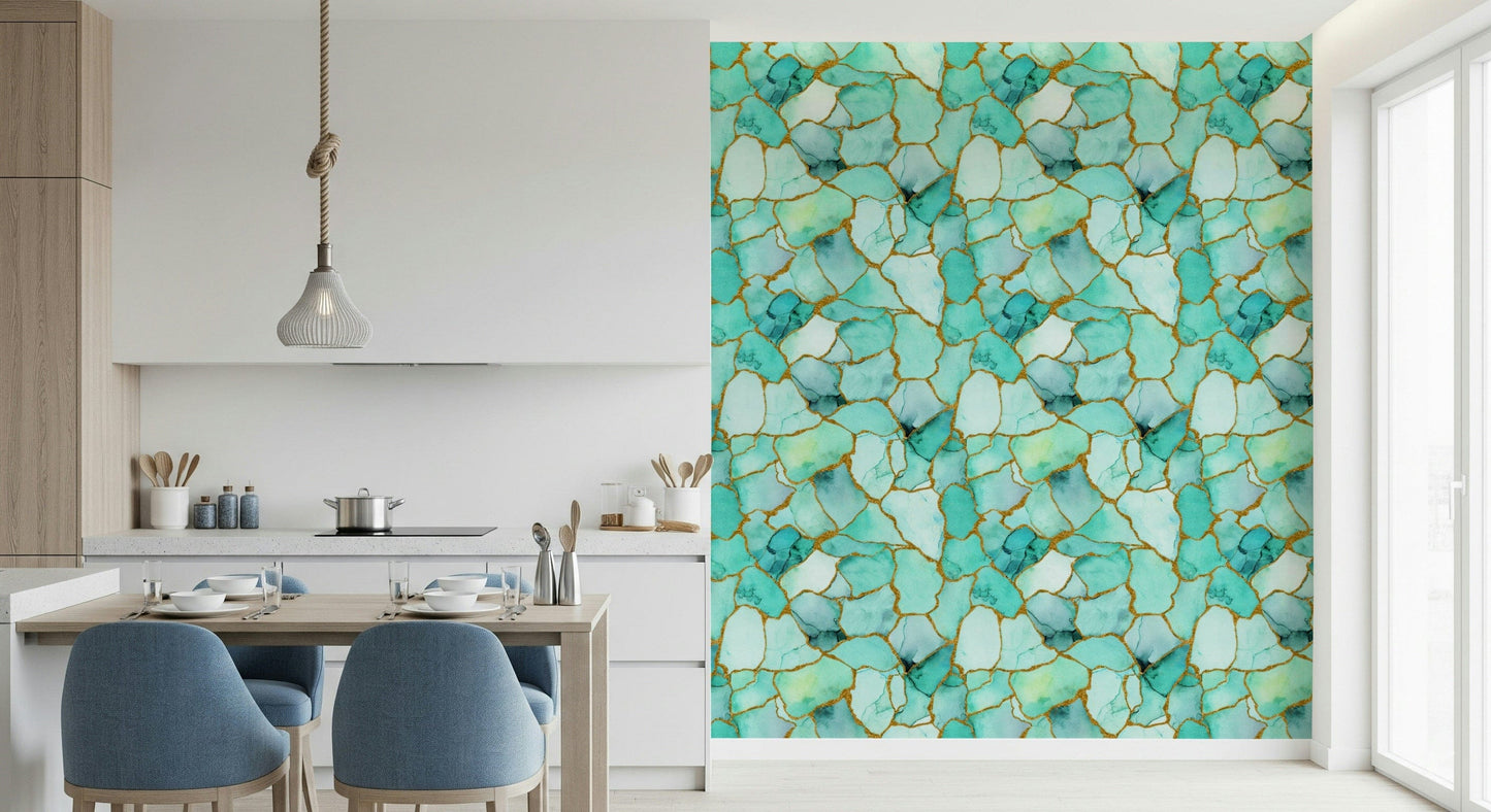 Artistic wallpaper with swirling aqua marble and metallic gold details