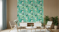 Luxurious wall covering with aqua marble patterns accented by gold