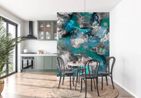 Large scale Aqua Mundi wall mural with deep navy color tones