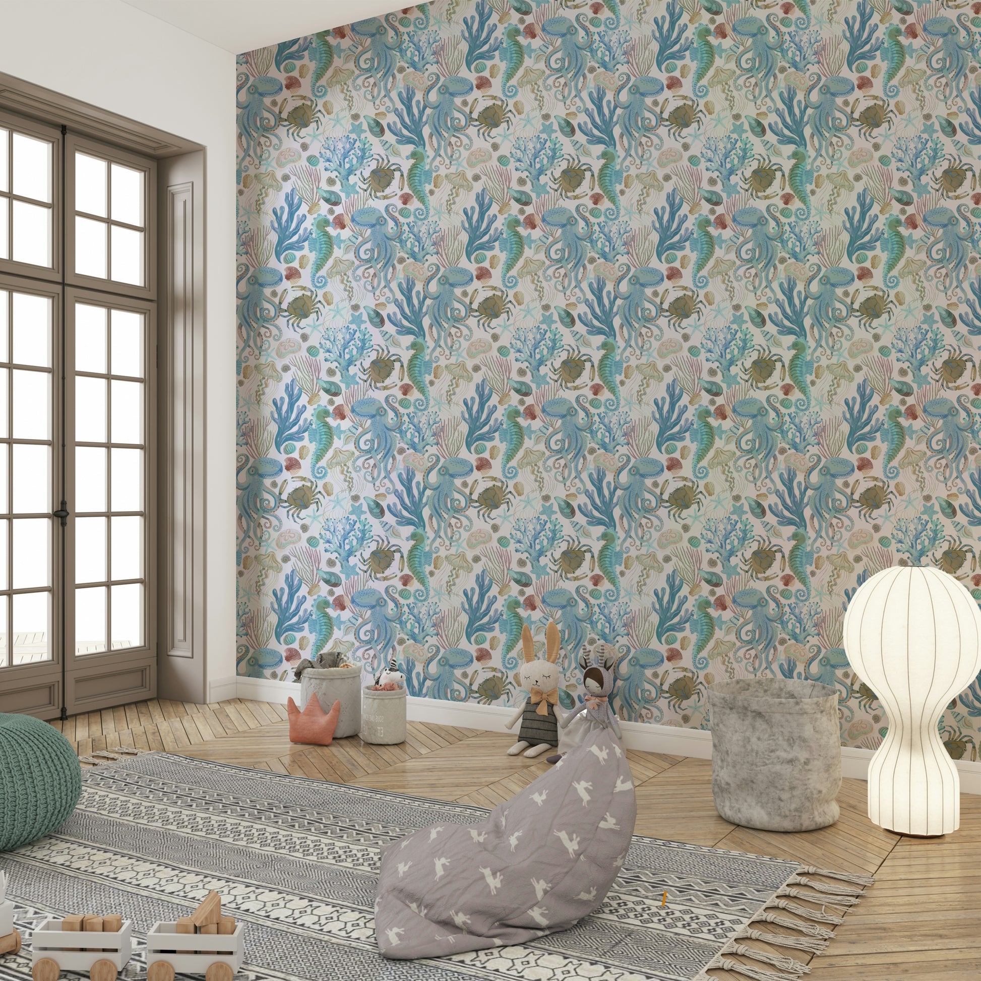 Aqua coastal wallpaper with sea creatures

