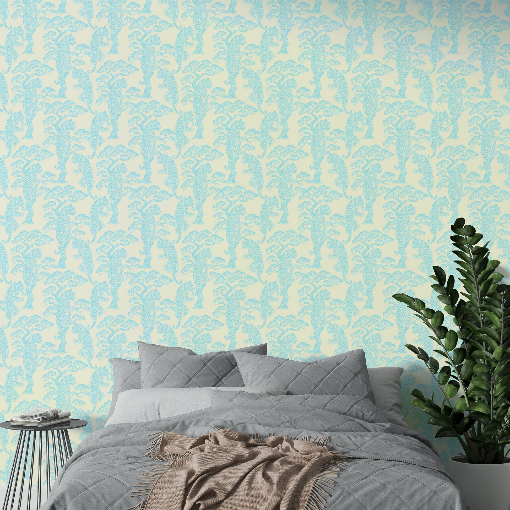 A graceful exotic landscape wall mural in cool, lush tones.

