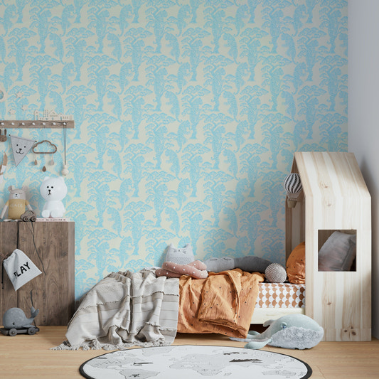 An artistic aqua tiger mural on luxury wallpaper.

