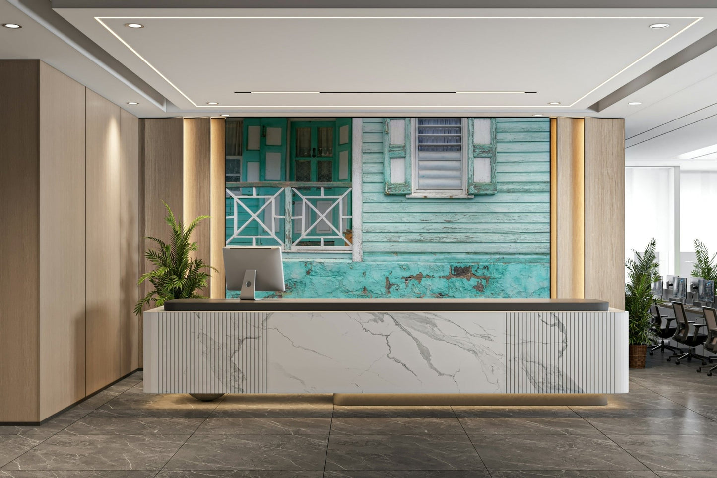 Old Caribbean porch wall mural with blue hues.

