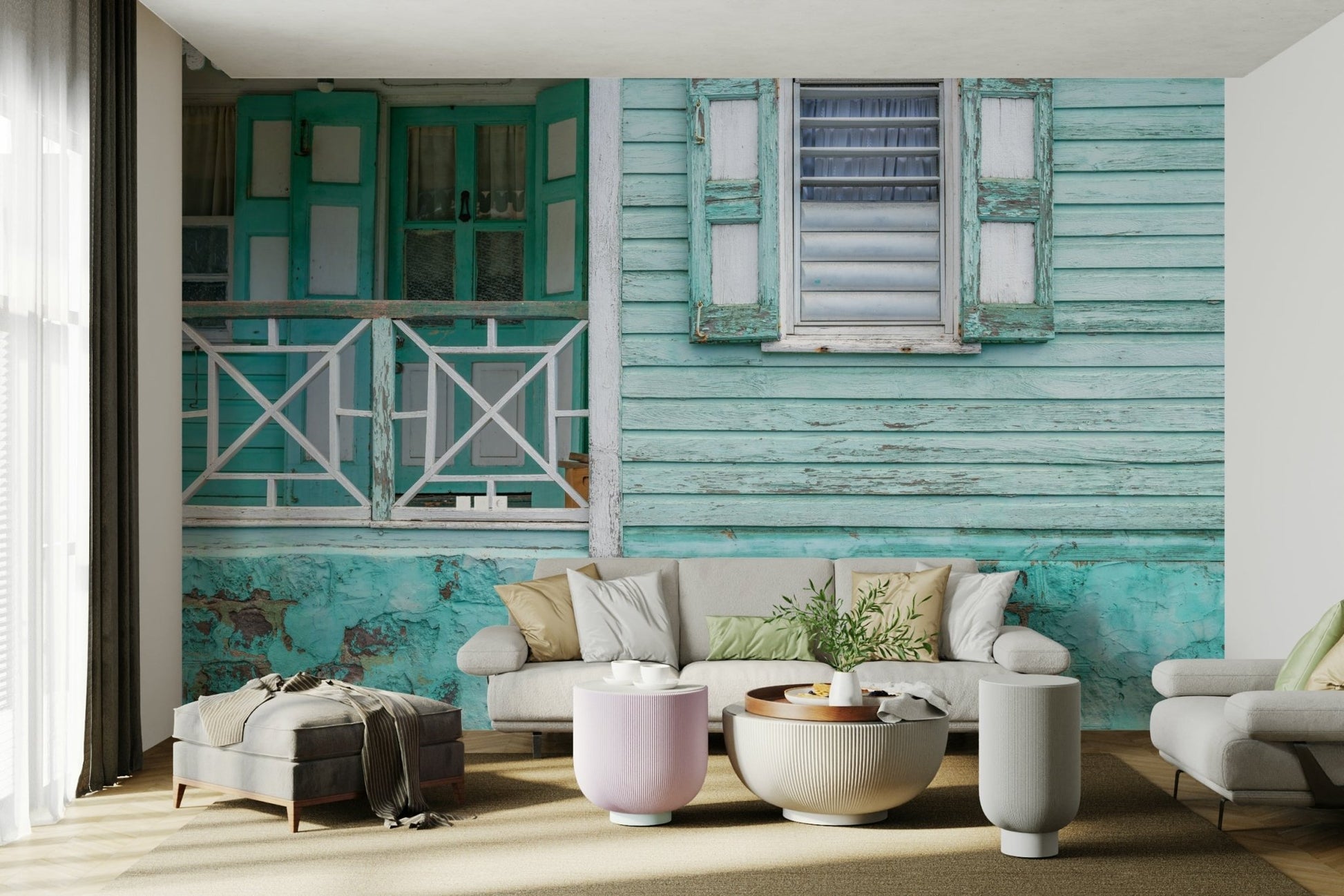 Aqua and white house facade wall mural.

