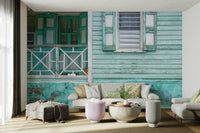 Aqua and white house facade wall mural.

