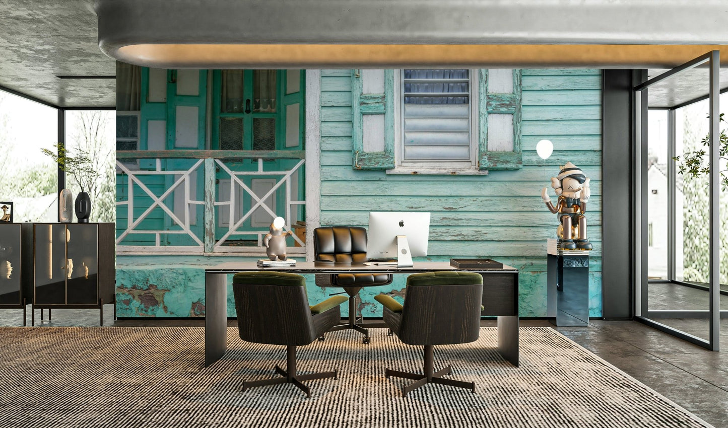 Turquoise wall mural with aged coastal house details.

