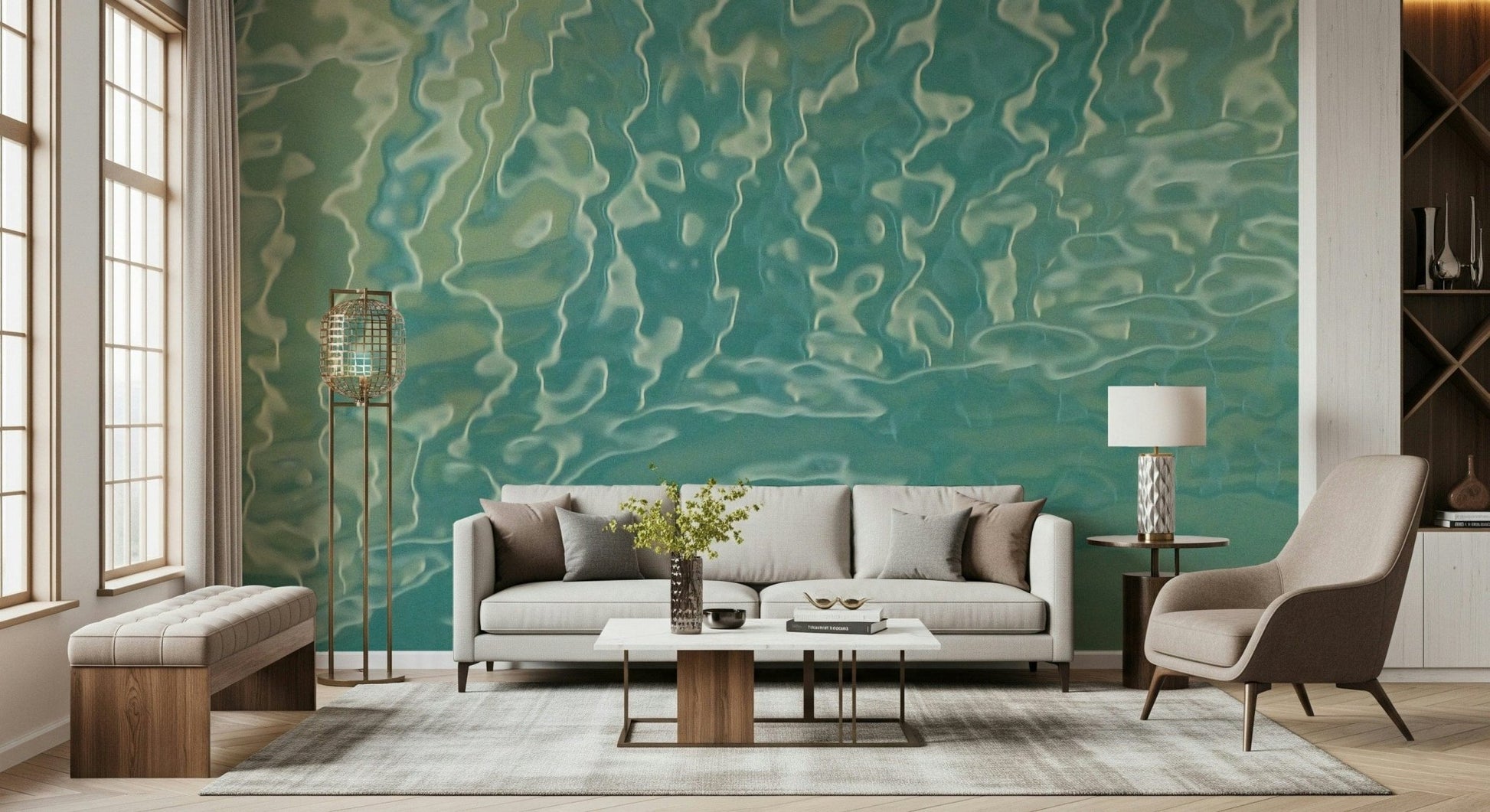 Abstract water surface wall mural in teal hues