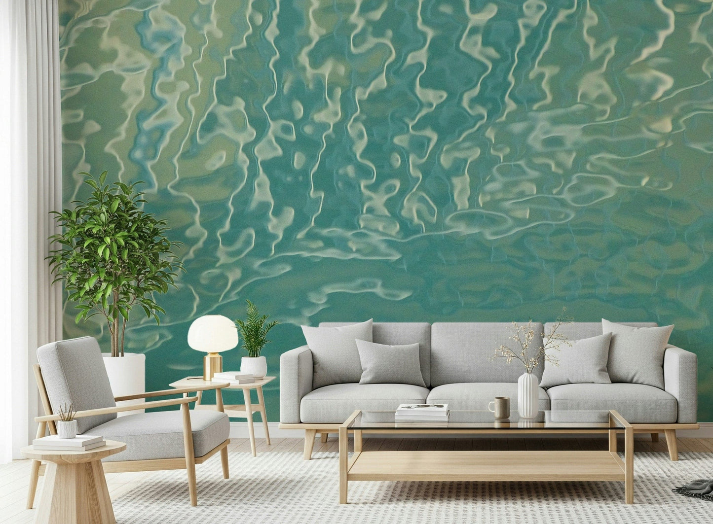 Soothing water Aqua Waves design subtle green wallpaper.