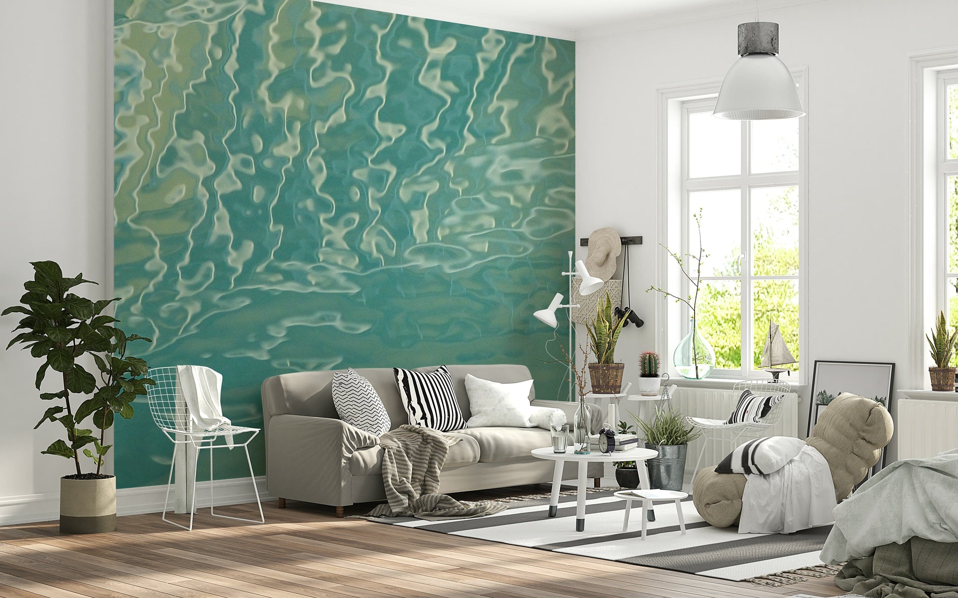 Swirling Aqua Waves wall mural serene teal pattern.