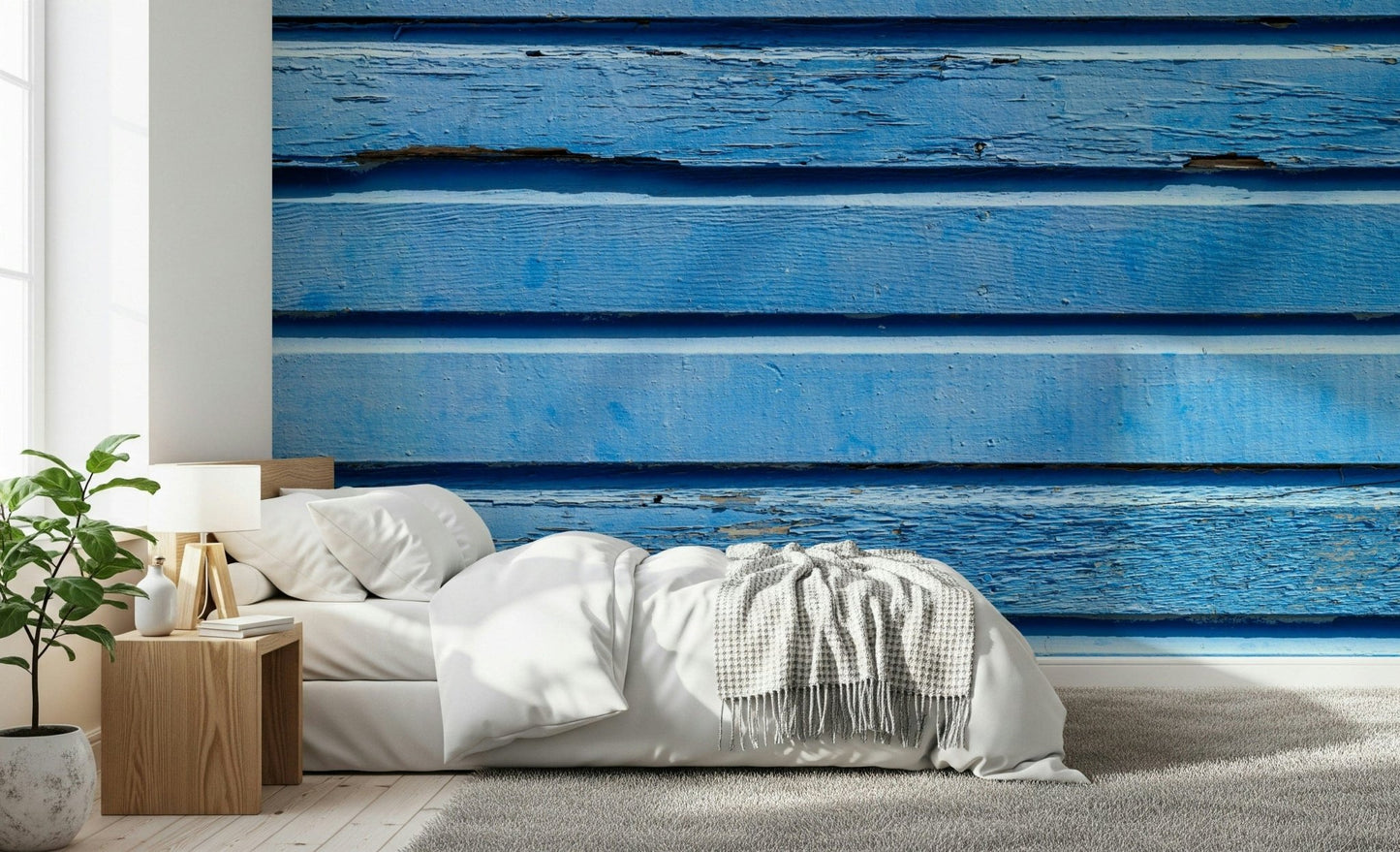 Aqua Wood Wall design: Imitation wood plank wallpaper for walls.