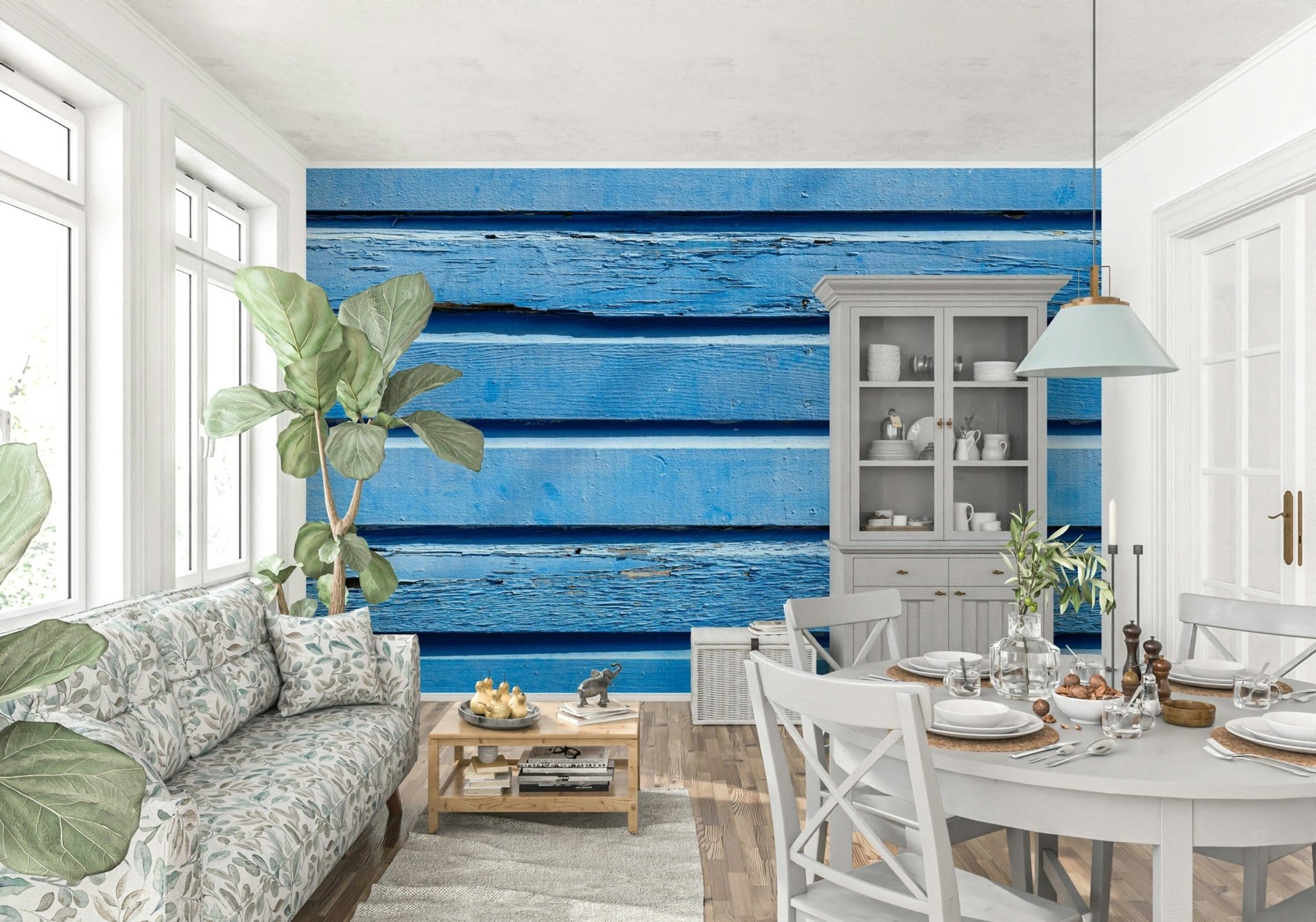Weathered Aqua Wood Wall wallpaper Horizontal planks with peeling paint.
