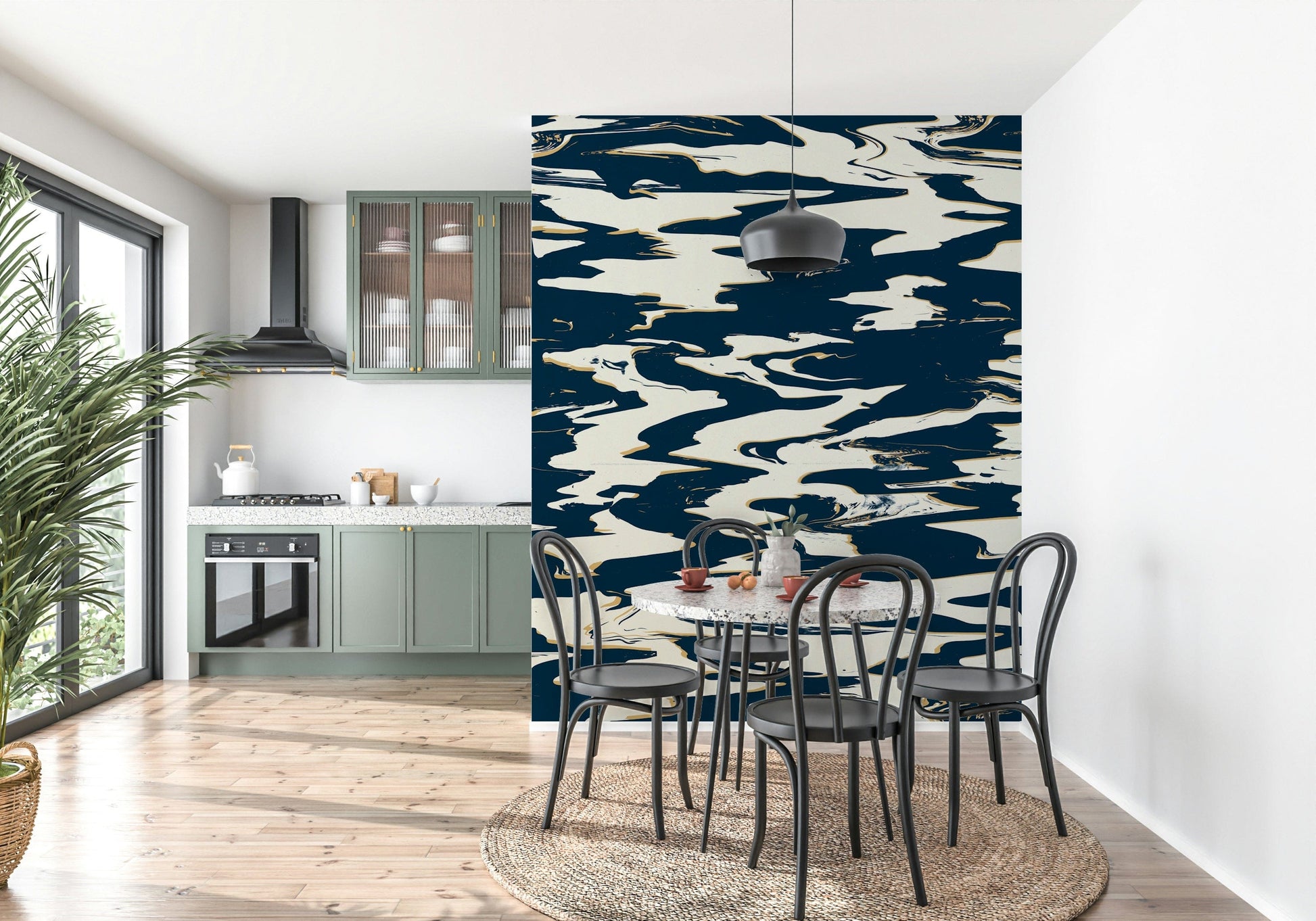 An artistic watercolor blend mural on minimalist wallpaper.

