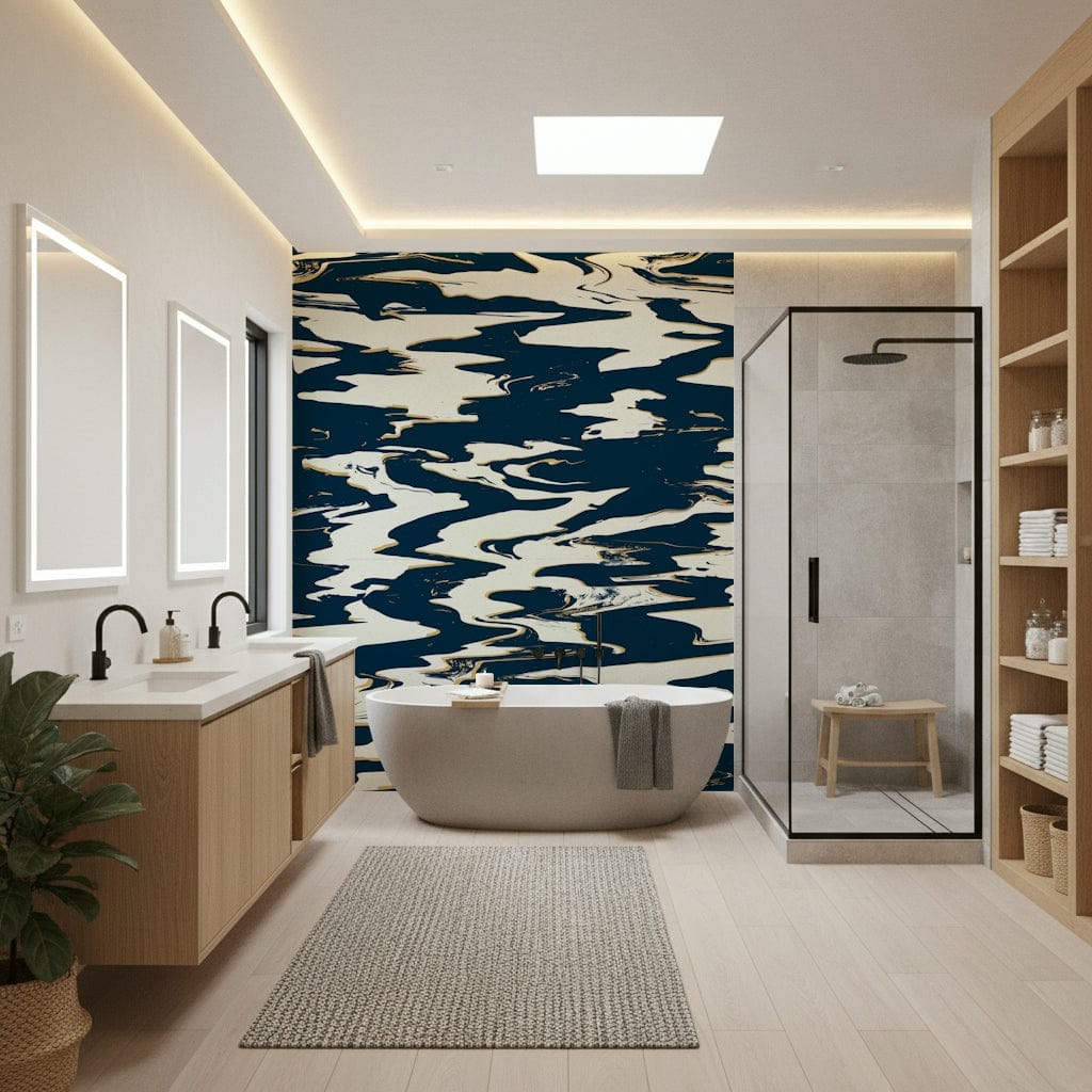 A beautiful fluid abstract wallpaper mural in blue and white tones.

