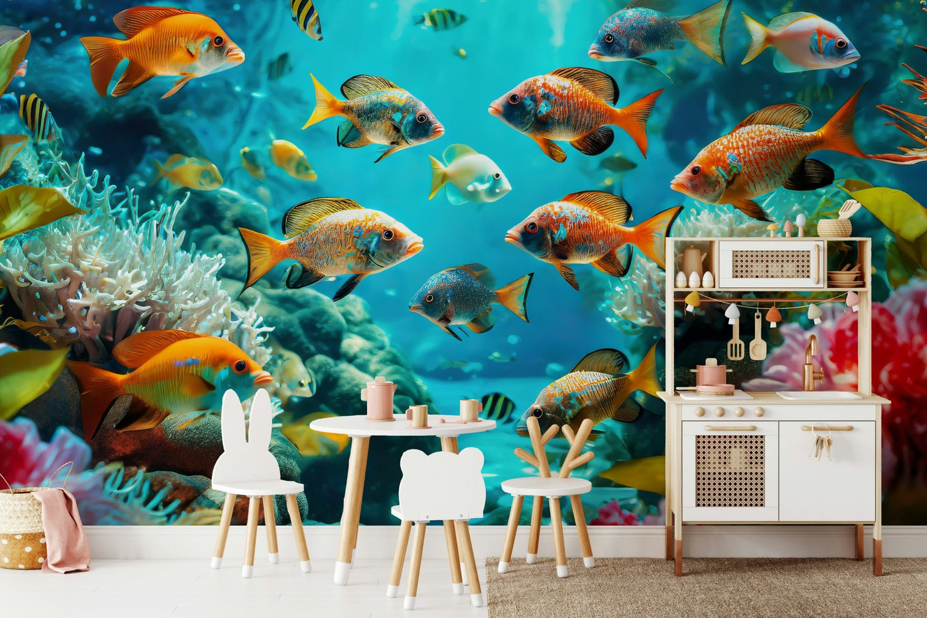 Underwater coral reef scene with colorful fish mural wallpaper

