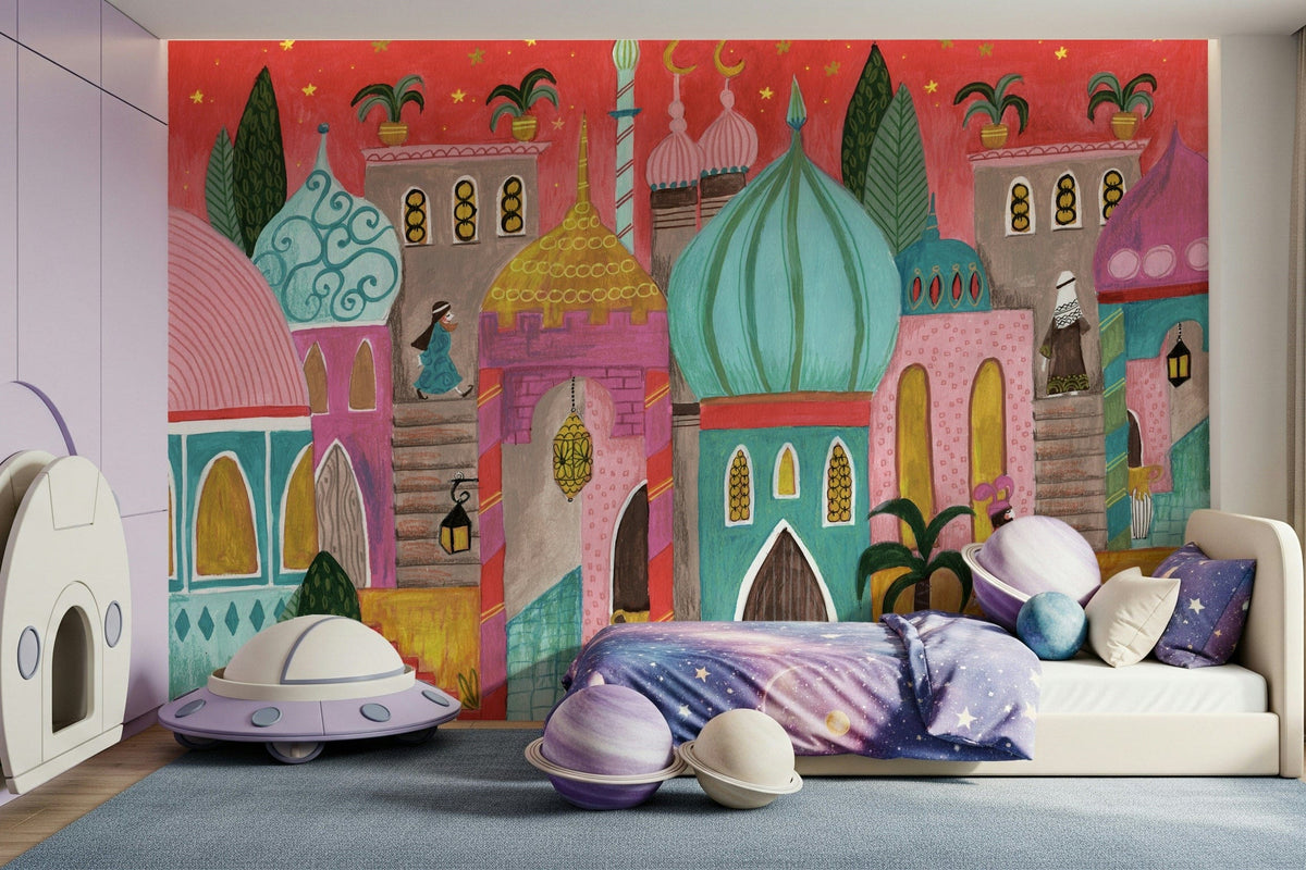 Arabian Nights wallpaper mural of a pink domed city behind a galaxy daybed with a lavender UFO toy and planet balls