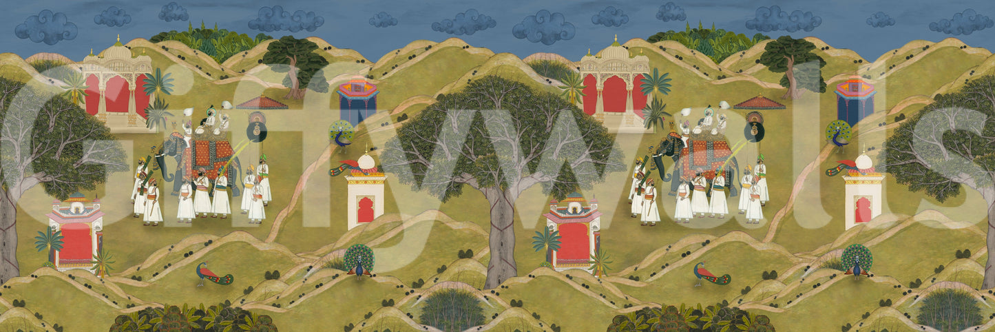 Aravali Tales mural with hand-drawn Indian miniature elements