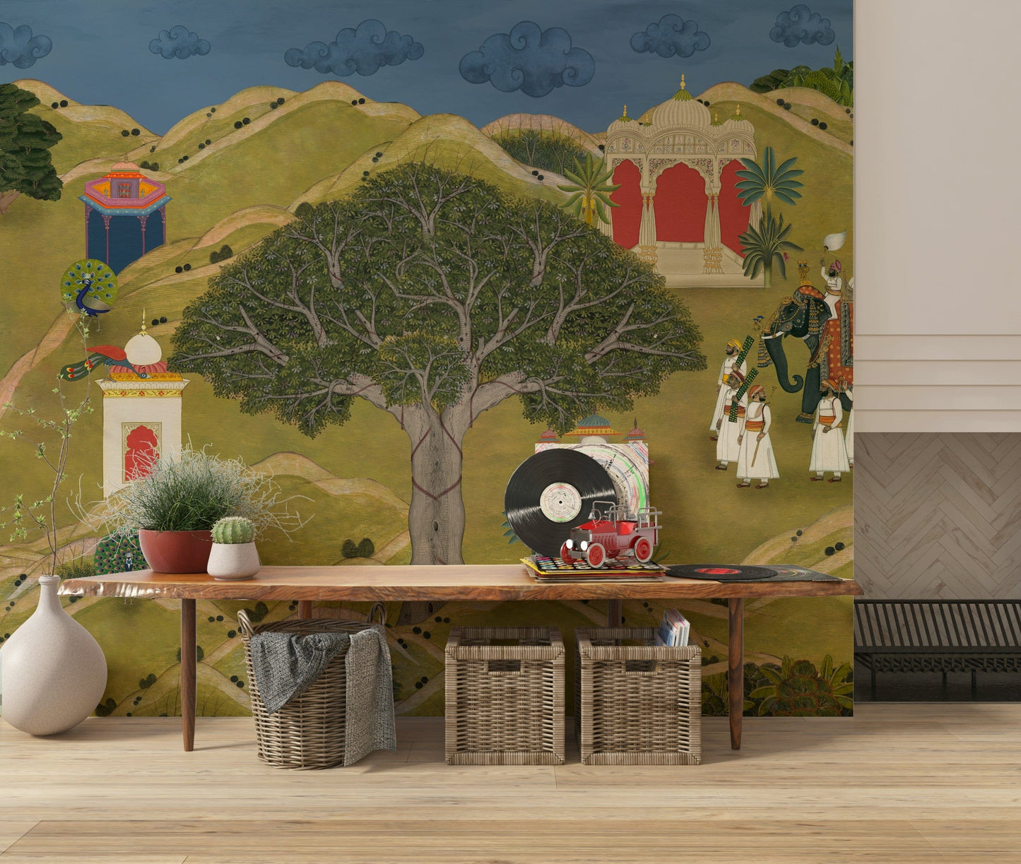 Traditional Indian art mural with balanced symmetry and soft colors