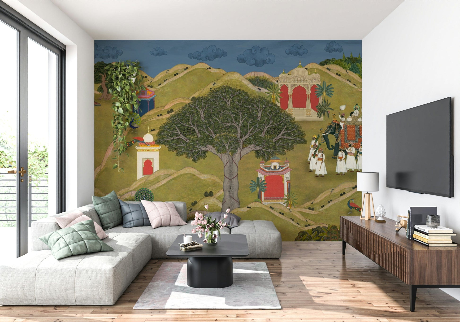 Traditional Rajasthani landscape mural with trees, hills, and ceremonial scene