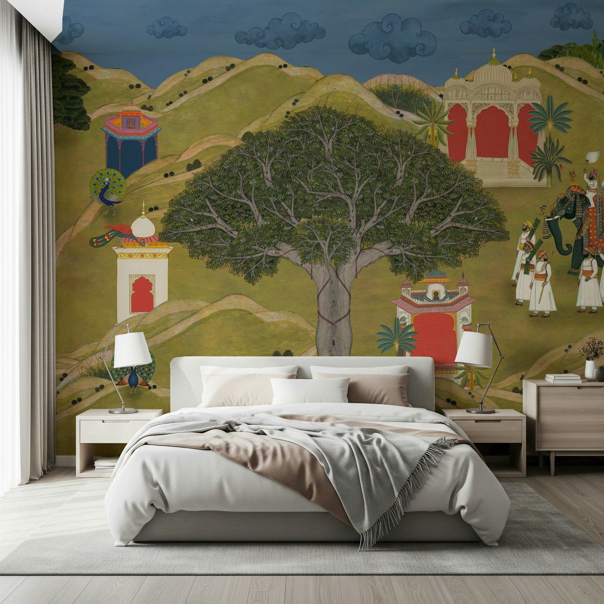 Indian heritage mural with rolling hills, peacocks, and royal figures