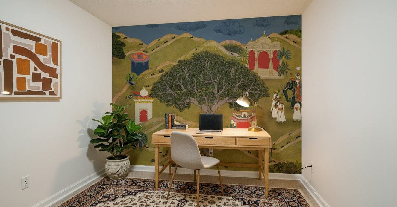 Indian miniature art mural showing elephants, courtiers, and palace architecture