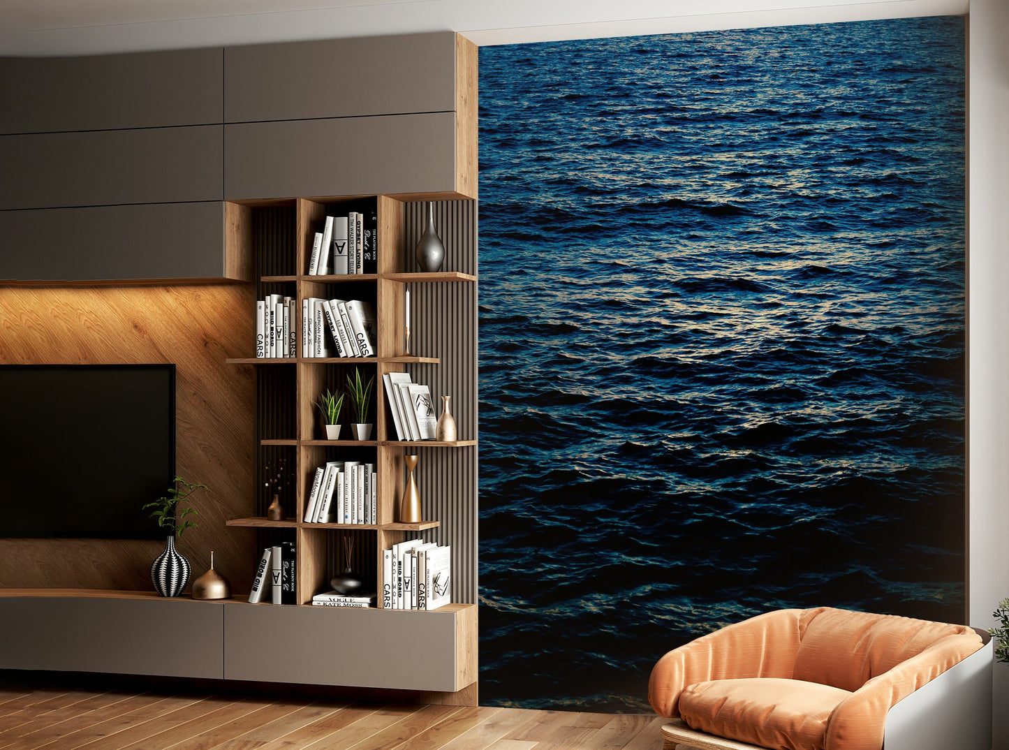 A peaceful mountain range mural on decorative wallpaper.

