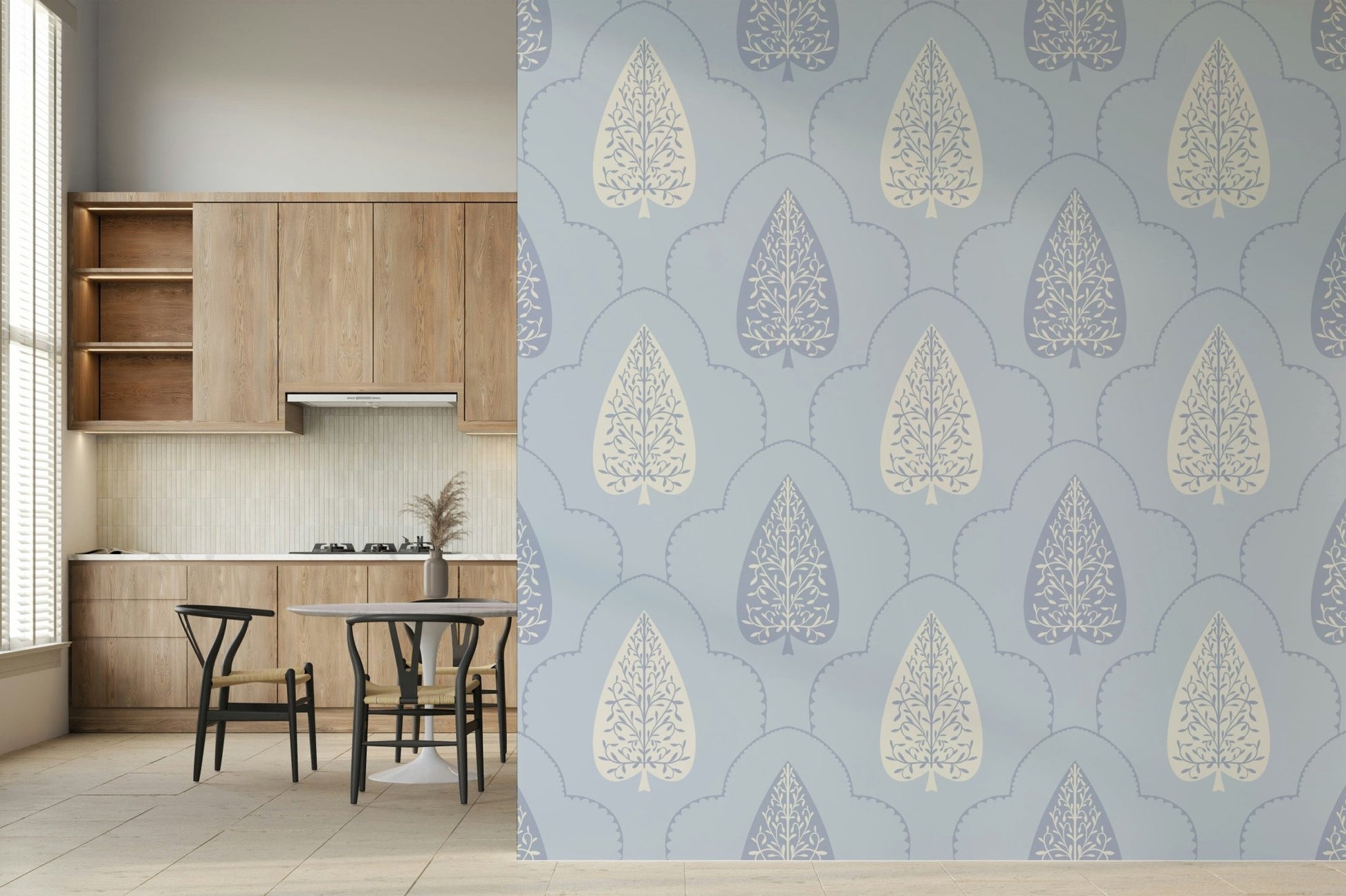 Pale blue ogee framed wallpaper for calming nursery style, Arbor Branch Harmony.