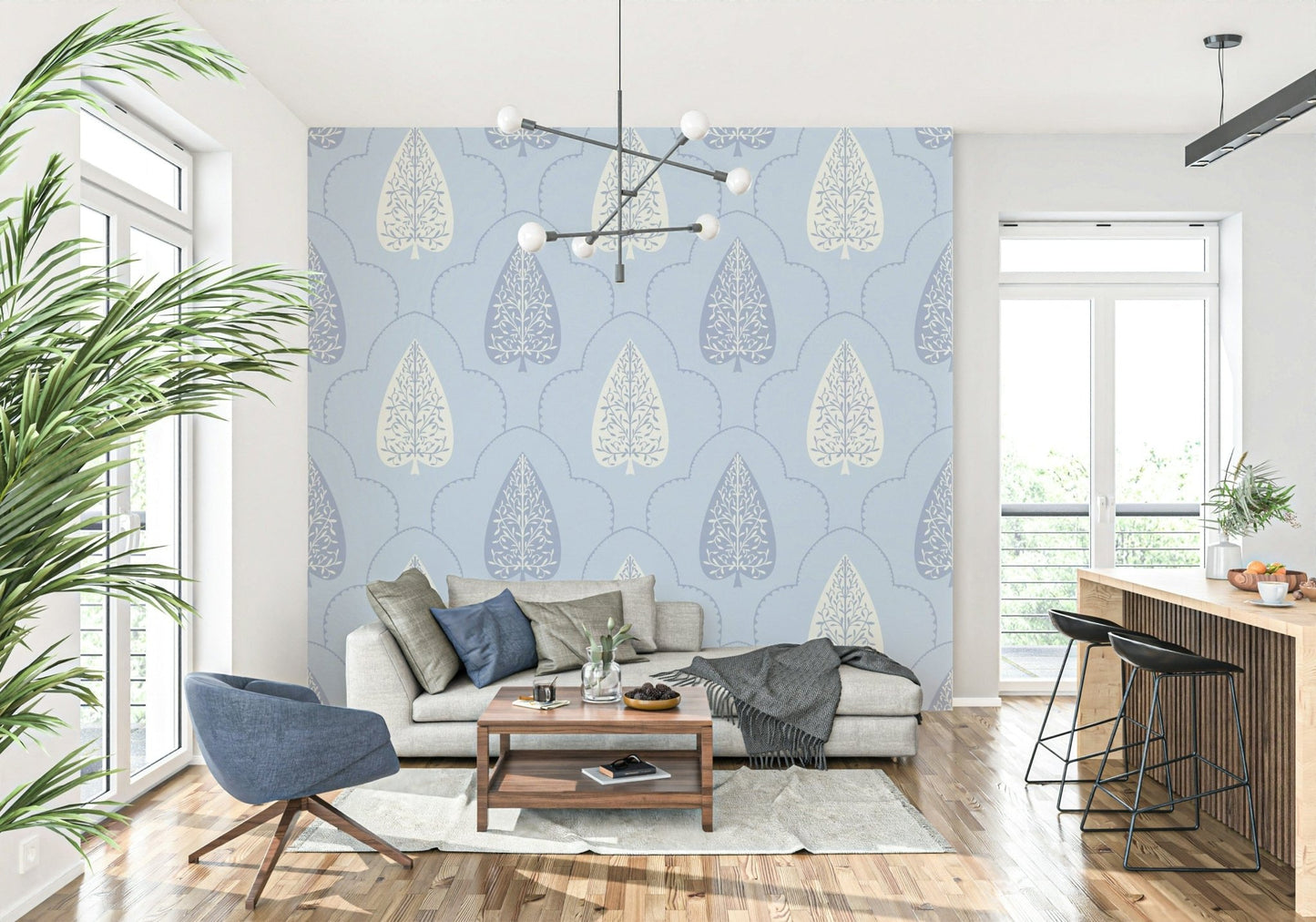 Tranquil blue scallop wall mural, Arbor Branch Harmony, refined interior feature.