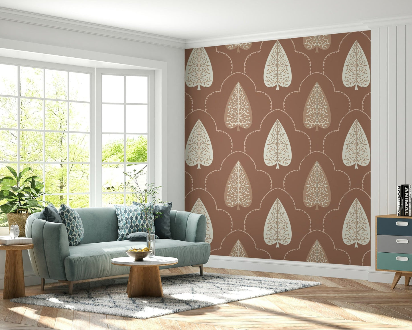Arboreal Leaf wallpaper for walls, detailed tree shape, earthy palette.