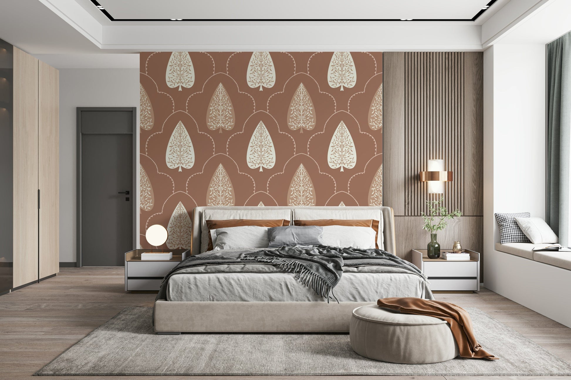 Nature-inspired Accent wall mural, elegant botanical design, scalloped frame.