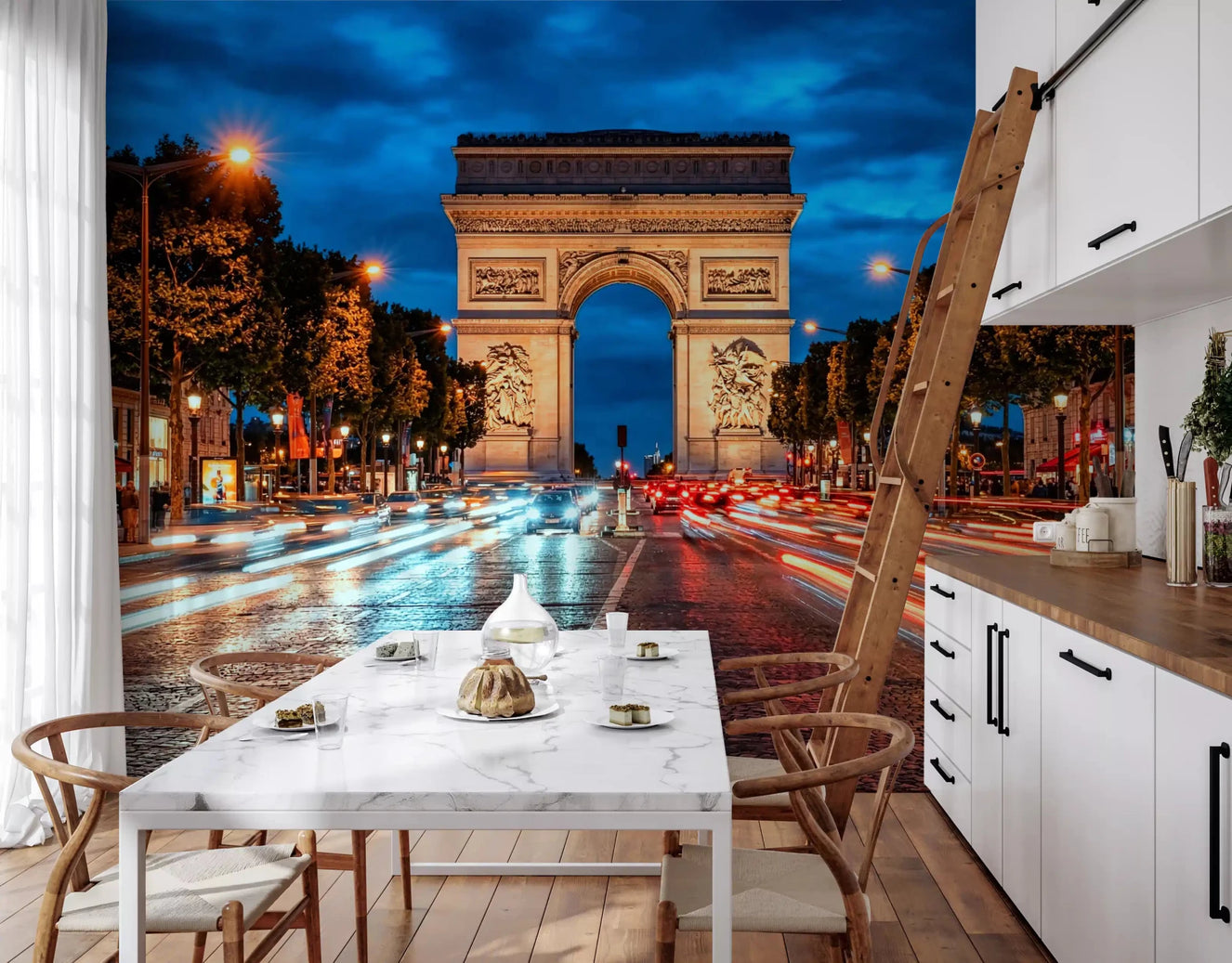 Evening rush wall mural with Arc de Triomphe and bright Paris avenue