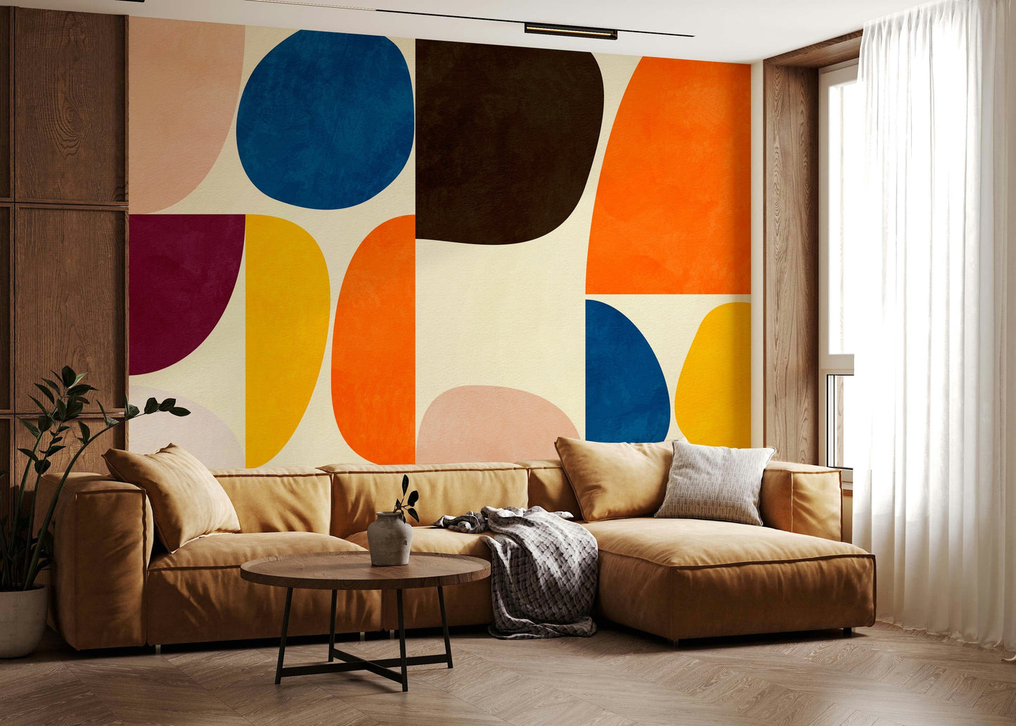 A serene abstract pattern wall mural for mid-century decor.