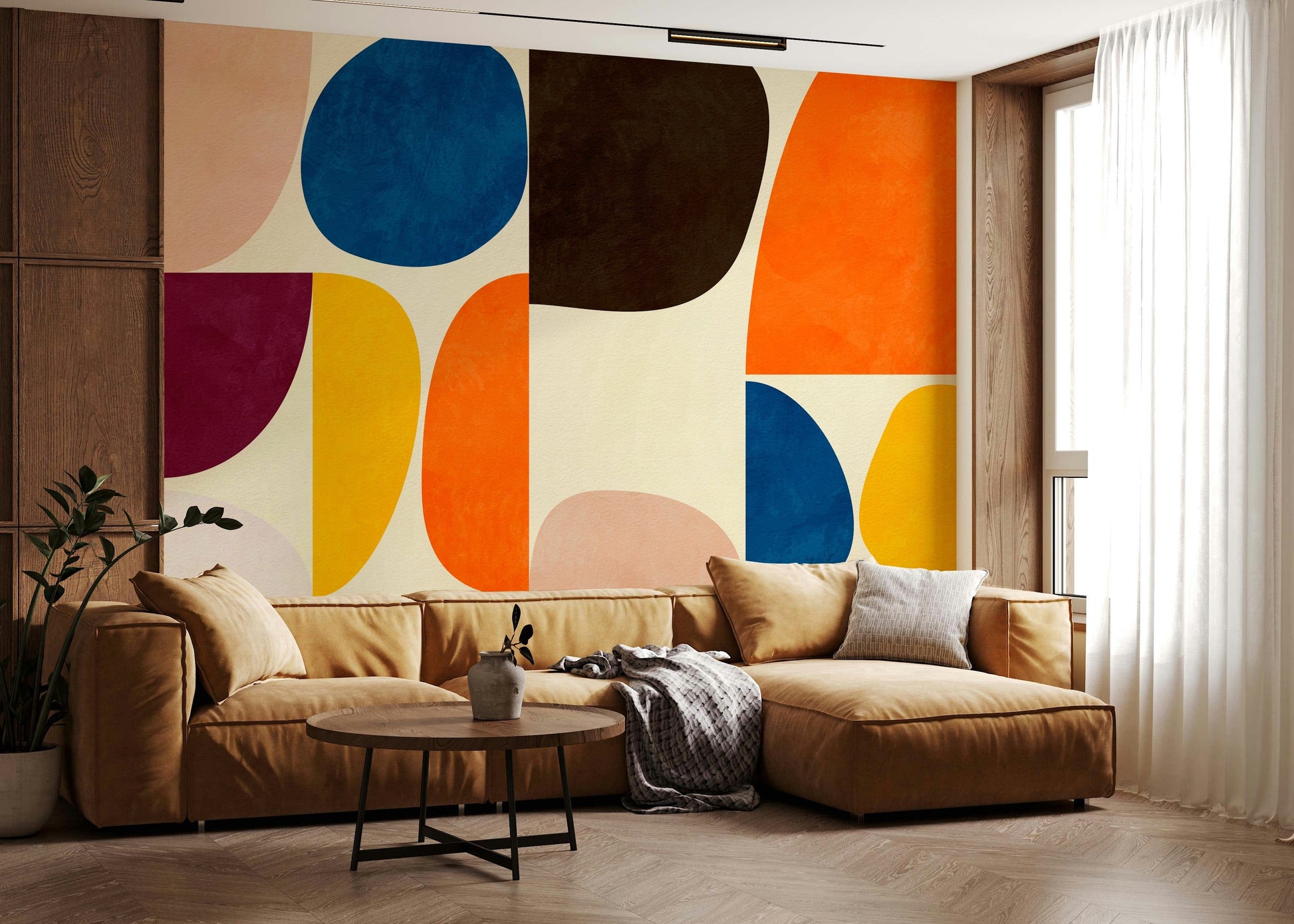 A serene abstract pattern wall mural for mid-century decor.
