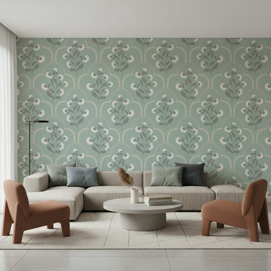 Arched Floral Elegance wallpaper, sage green curved geometric design.