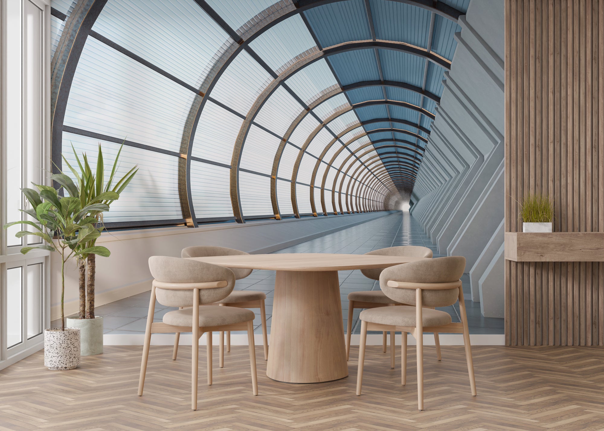 Architectural Glass Tunnel wallpaper mural behind a round wood dining table and beige chairs in a bright dining room