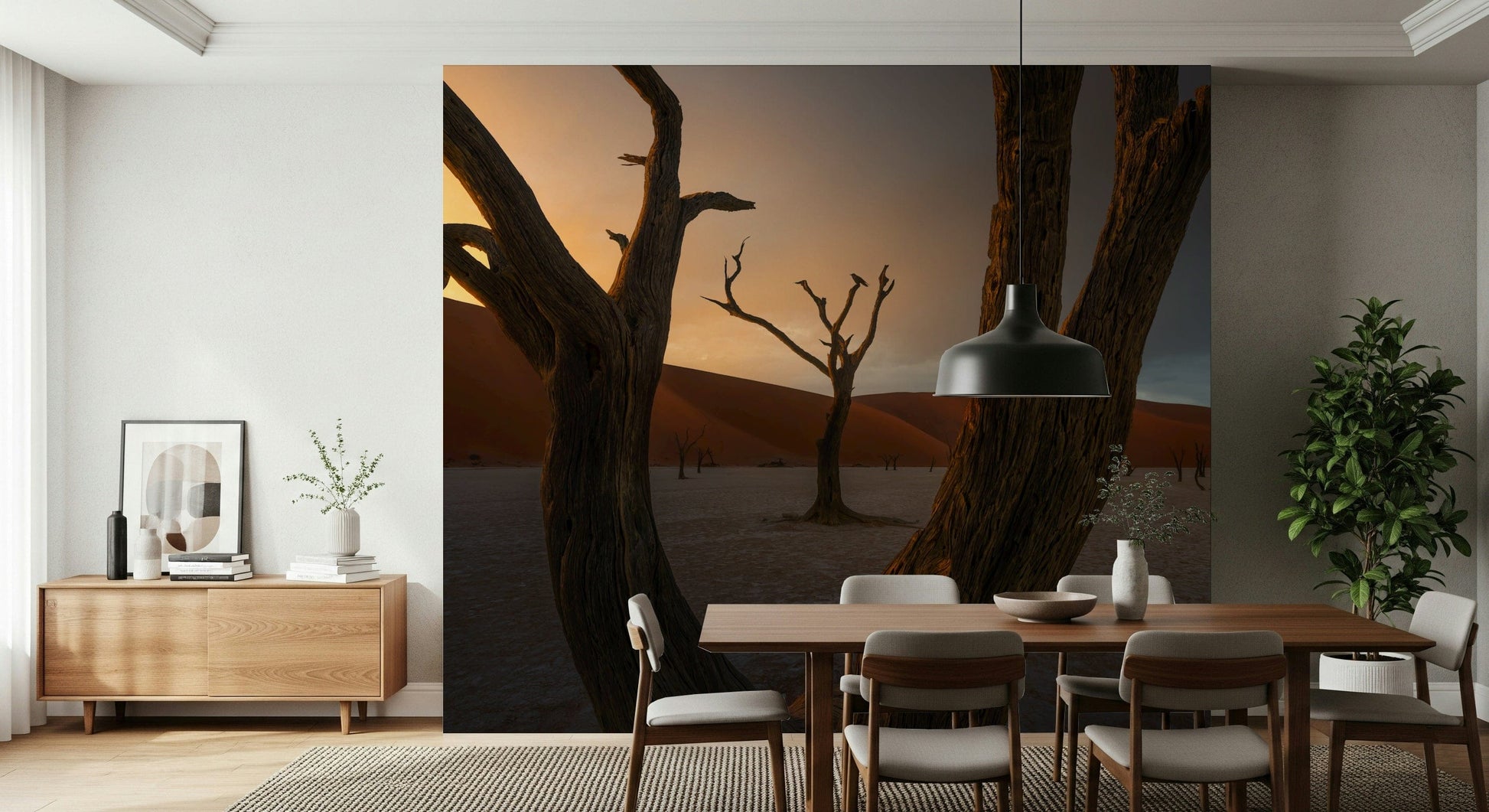 Haunting Arid Woodland Ghost scene, dark silhouettes against sand dunes.