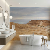 Panoramic view of dry terrain, Masada-like fort, Arid Majesty Desert Landscape Design.