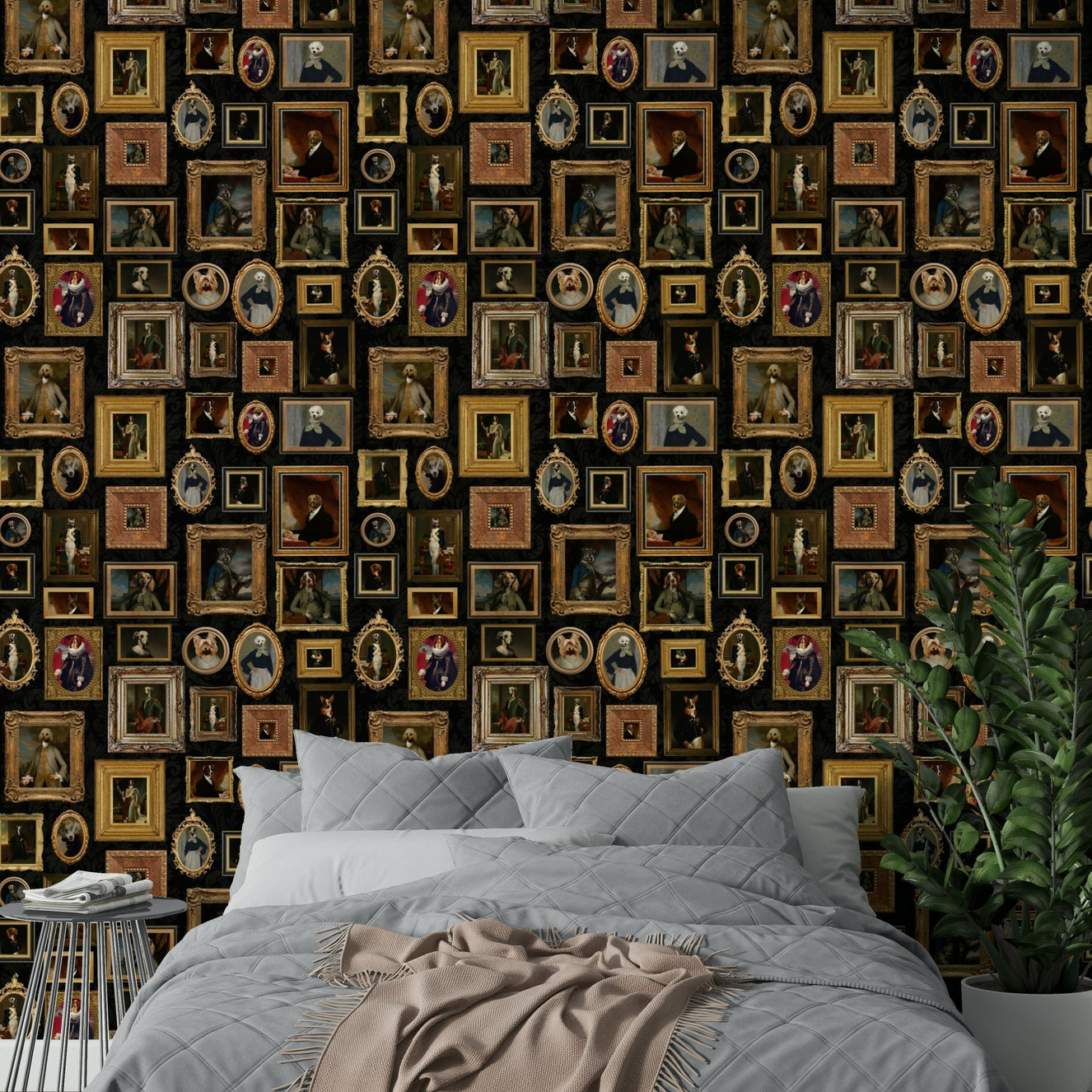 Wallpaper with portraits of dogs in an aristocratic style.

