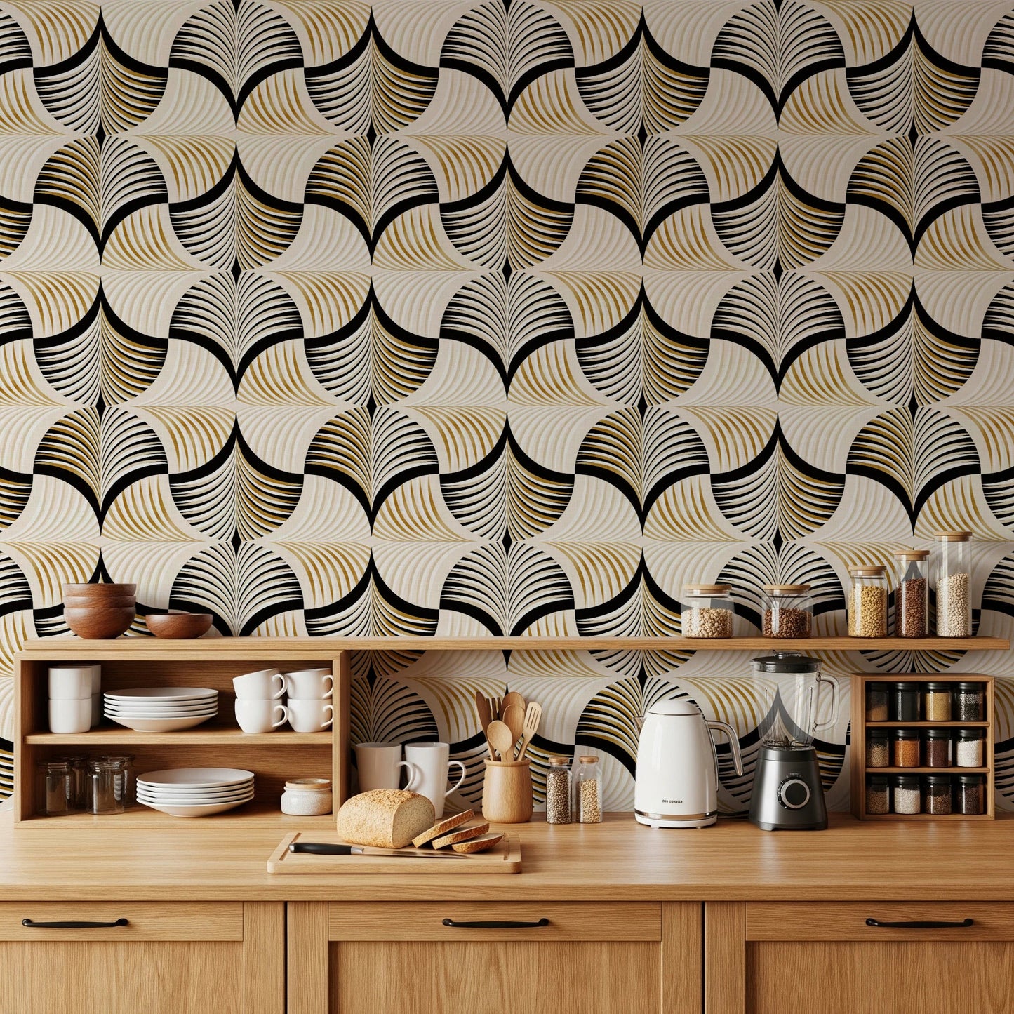 Art Deco Botanical Palm Fan Gold and Black Wallpaper⁠