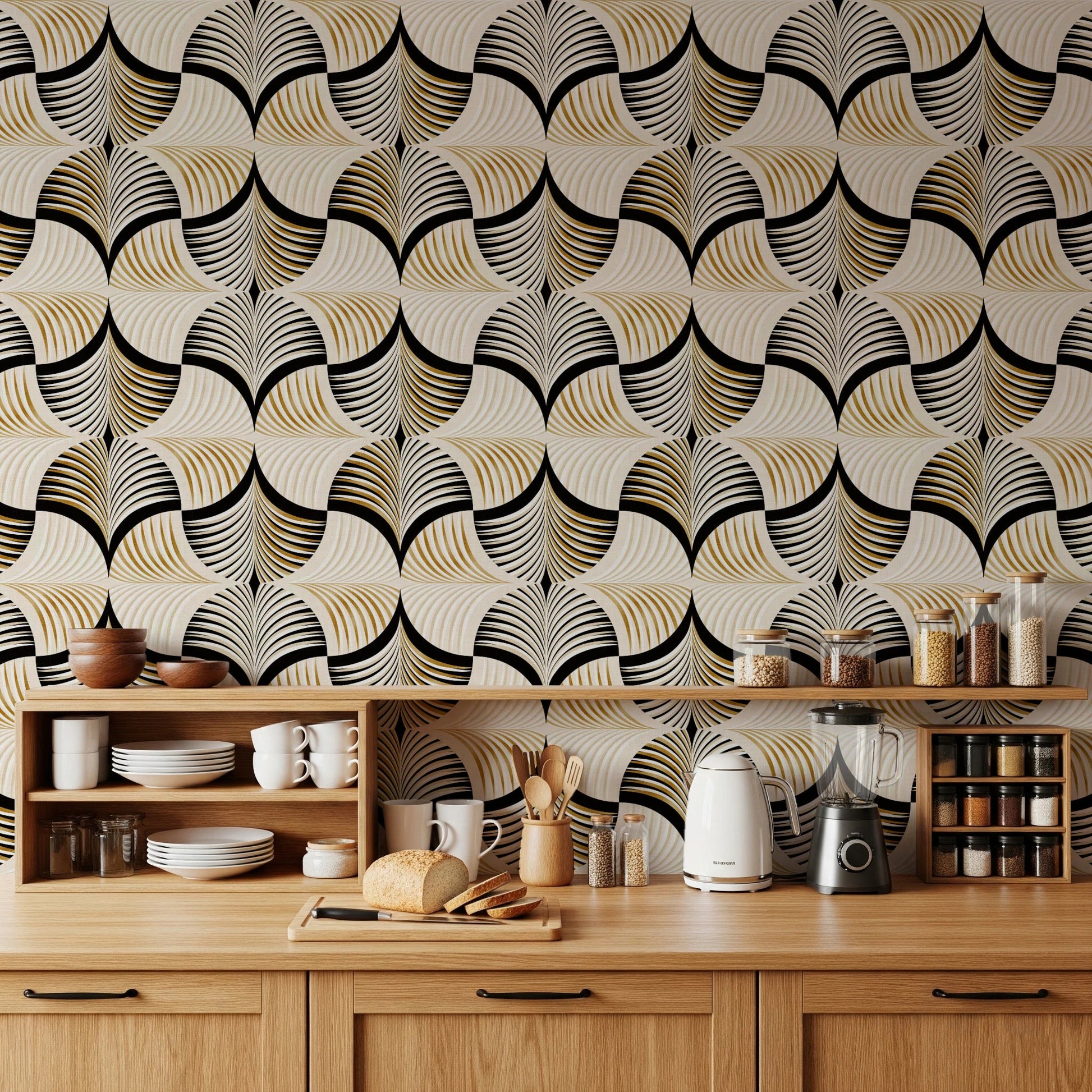 Art Deco Botanical Palm Fan Gold and Black Wallpaper⁠