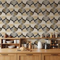 Art Deco Botanical Palm Fan Gold and Black Wallpaper⁠