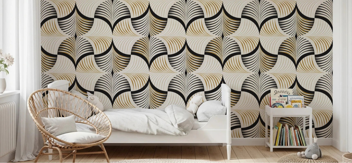 Art Deco Botanical Palm Fan Gold and Black Wallpaper⁠