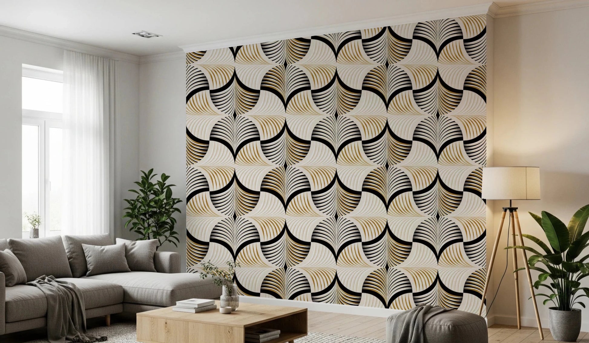 Art Deco Botanical Palm Fan Gold and Black Wallpaper⁠