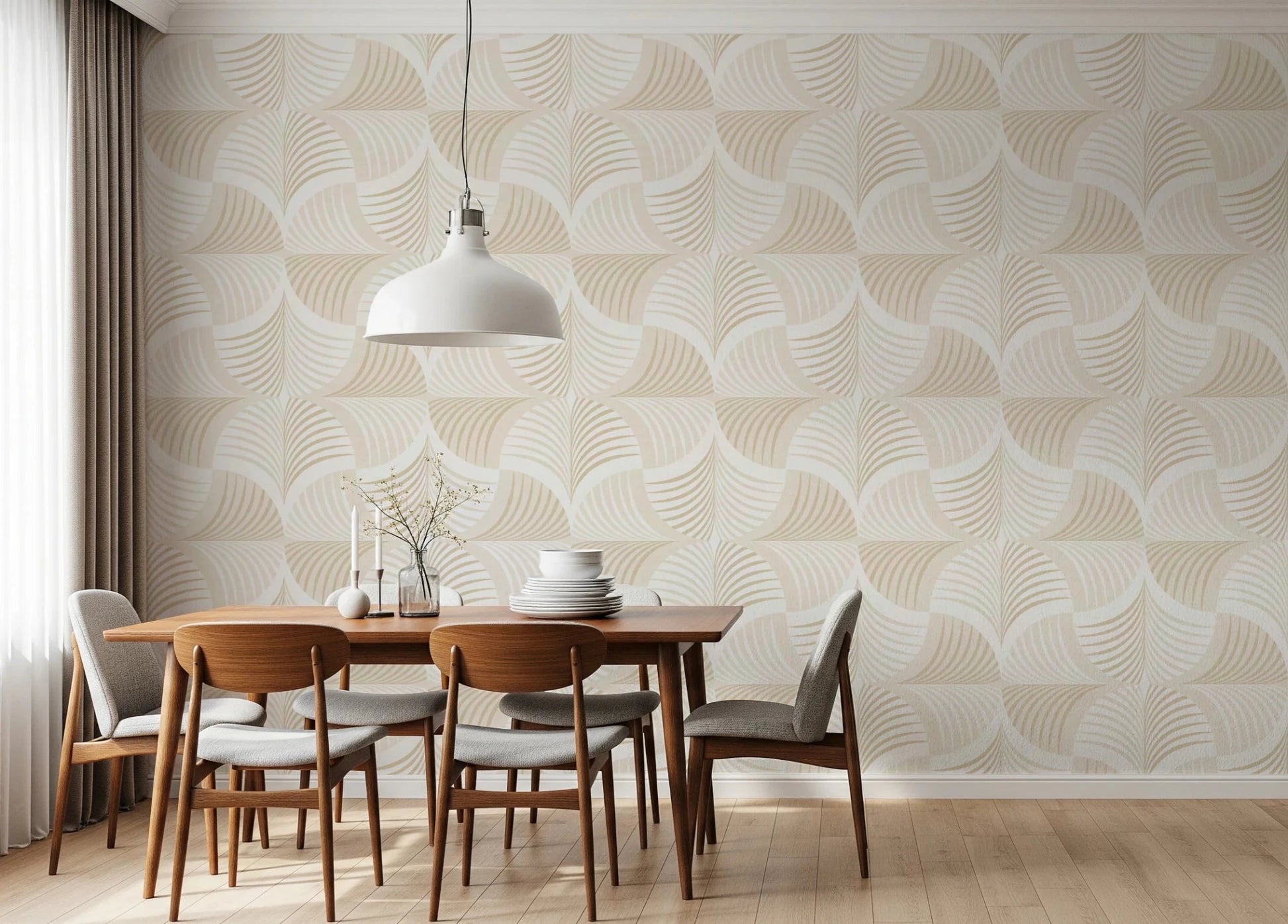 Art Deco Botanical Palm Fan Soft White Beige wallpaper behind a wood dining table and chairs with a white pendant