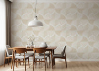 Art Deco Botanical Palm Fan Soft White Beige wallpaper behind a wood dining table and chairs with a white pendant